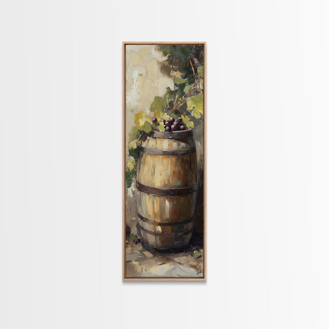 Sunlit Wine Barrel With Grapes Wall Art, Vineyard Canvas Print, Rustic Winery Kitchen Decor, Tuscan Farmhouse Gift For Dining Room