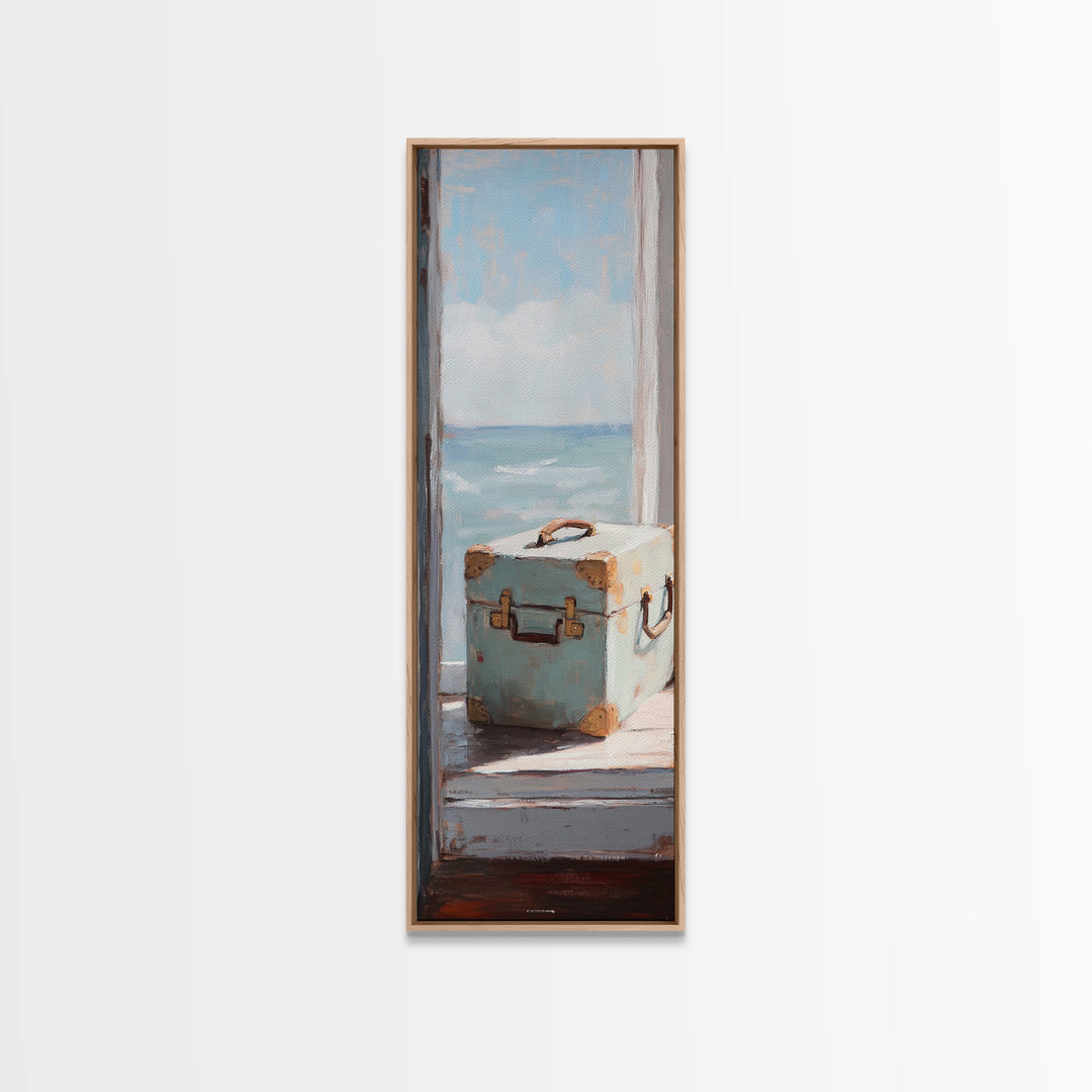 Blue Suitcase Ocean Window Canvas Print, Coastal Wall Art, Beach House Decor, Travel Inspired Living Room Wall Decor Gift