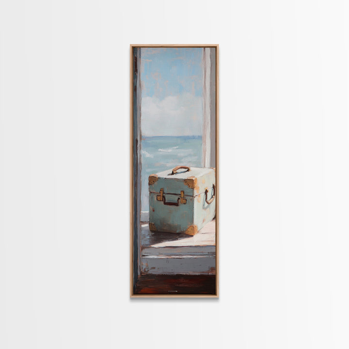 Blue Suitcase Ocean Window Canvas Print, Coastal Wall Art, Beach House Decor, Travel Inspired Living Room Wall Decor Gift