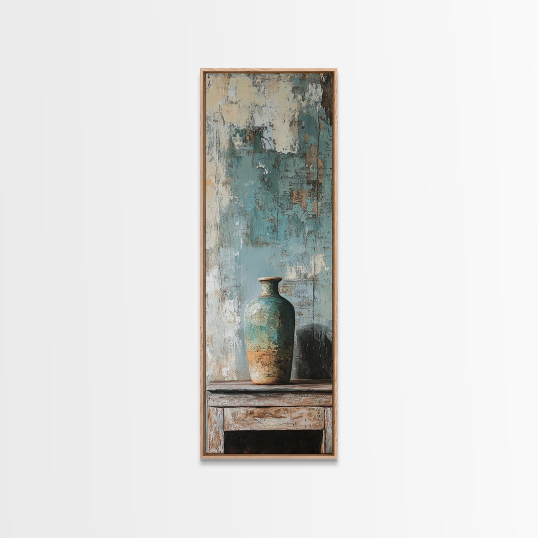 Turquoise Vase Textured Still Life Canvas Print, Rustic Wall Art, Neutral Home Decor, Modern Farmhouse Living Room Decor
