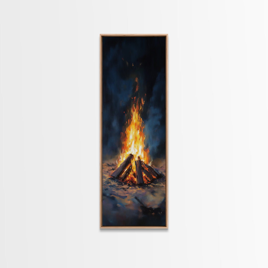 Glowing Campfire Night Landscape Wall Art, Rustic Cabin Decor, Moody Nature Art Print, Cozy Winter Living Room Decor Gift