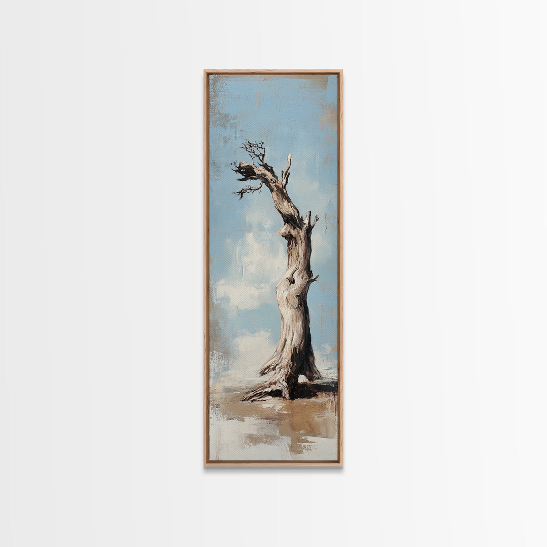 Lone Weathered Tree Wall Art, Rustic Landscape Painting, Minimalist Nature Print, Neutral Farmhouse Living Room Decor Gift
