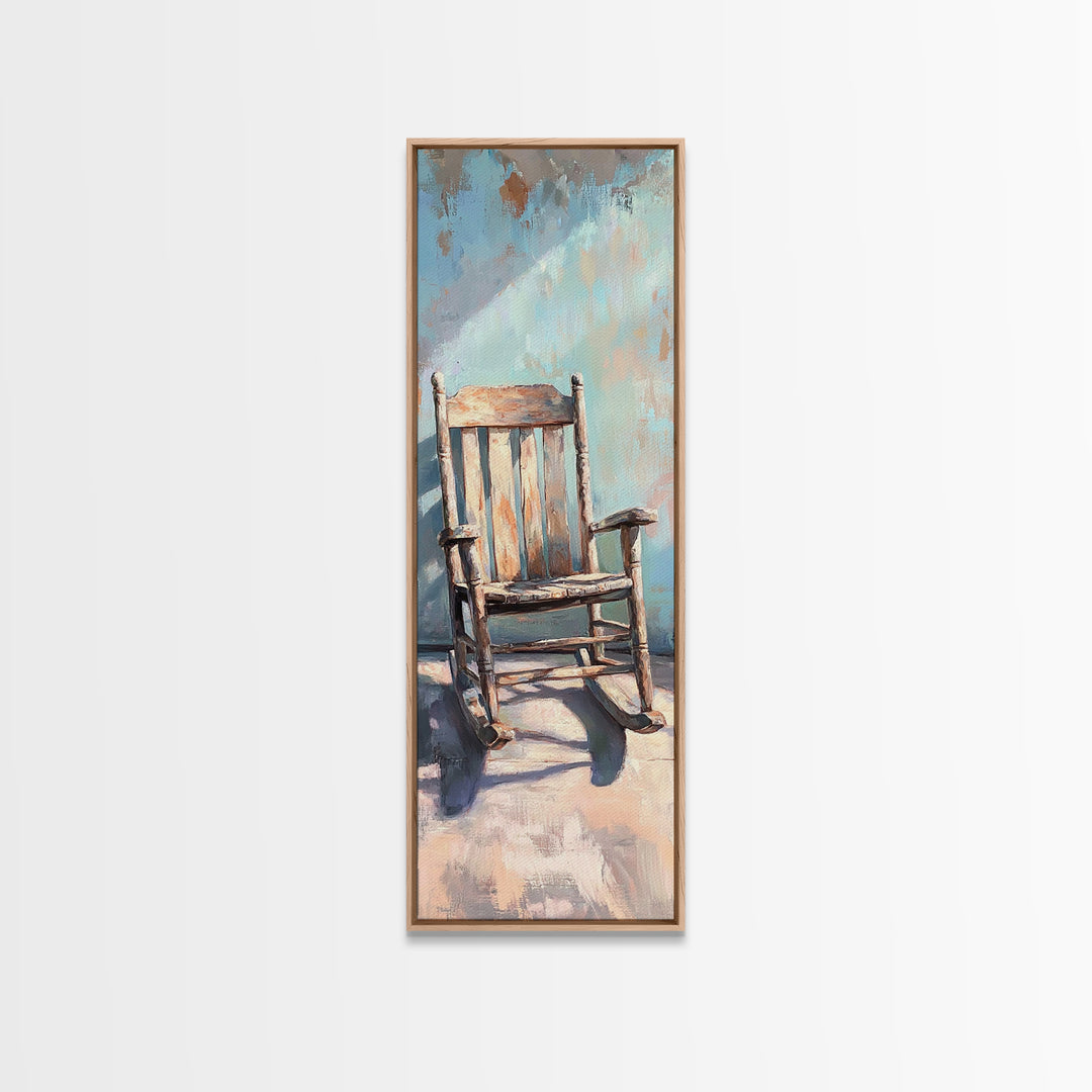 Sunlit Wooden Rocking Chair Wall Art, Rustic Farmhouse Decor, Country Home Decor, Neutral Canvas Print, Cozy Living Room Art