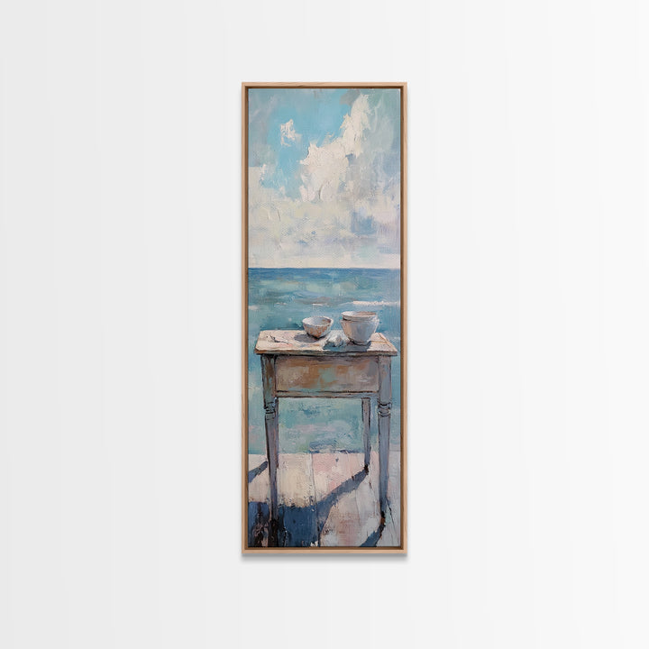 Two Teacups By The Sea Coastal Still Life Wall Art, Ocean Canvas Wall Decor, Beach House Living Room Decor, Neutral Seascape Kitchen Print