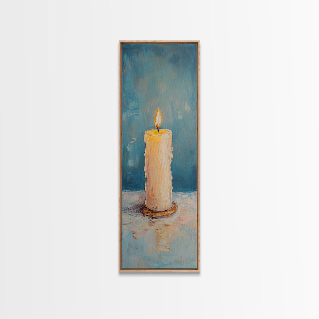 Glowing Pillar Candle Still Life Framed Canvas Print, Moody Wall Art, Meditation Room Decor, Spa Bathroom Art, Cozy Home Decor