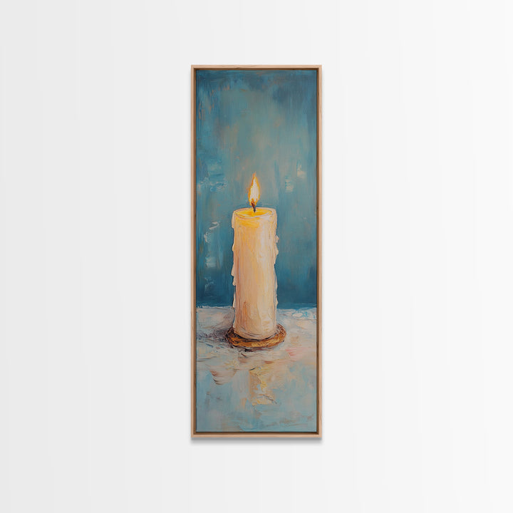 Glowing Pillar Candle Still Life Framed Canvas Print, Moody Wall Art, Meditation Room Decor, Spa Bathroom Art, Cozy Home Decor