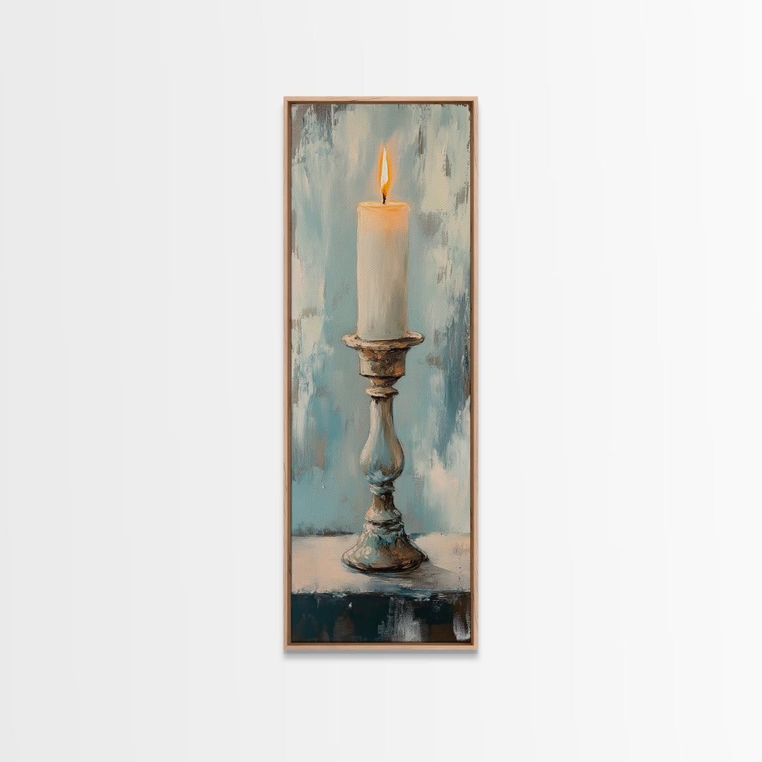 Lit Candle On Antique Holder Framed Canvas Print, Moody Still Life Wall Art For Rustic Home Decor, Spiritual Gift, Housewarming Gift