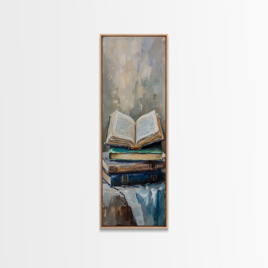 Open Book Stack Library Wall Art, Cozy Dark Academia Canvas Print For Reading Nook Decor, Book Lover Gift, Office Decor, Home Decor