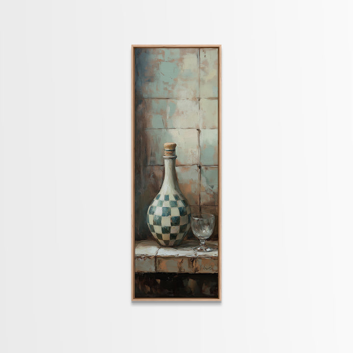 Checkered Ceramic Bottle And Wine Glass Wall Art, Rustic Kitchen Decor, Mediterranean Still Life Canvas Print For Dining Room