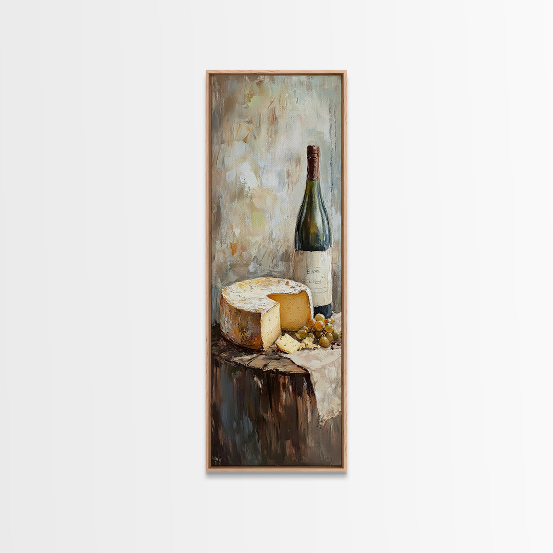 Cheese Wheel Wine Bottle And Grapes Wall Art, Rustic Kitchen Decor, Foodie Gift, French Farmhouse Canvas Print For Dining Room
