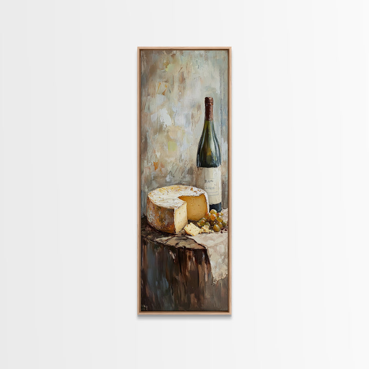Cheese Wheel Wine Bottle And Grapes Wall Art, Rustic Kitchen Decor, Foodie Gift, French Farmhouse Canvas Print For Dining Room