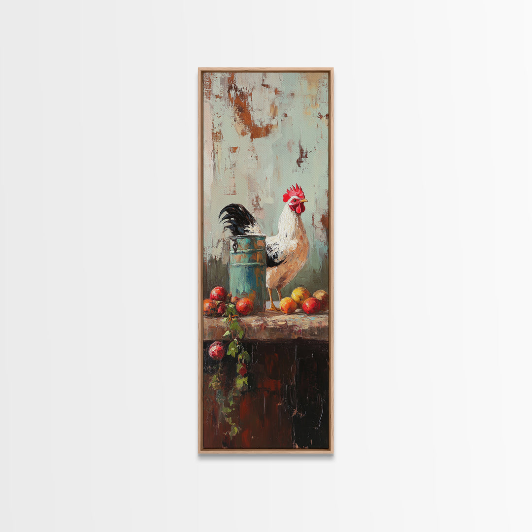 White Rooster And Tomato Still Life Wall Art, Rustic Farmhouse Kitchen Decor, Country Canvas Print Housewarming Gift, Home Decor