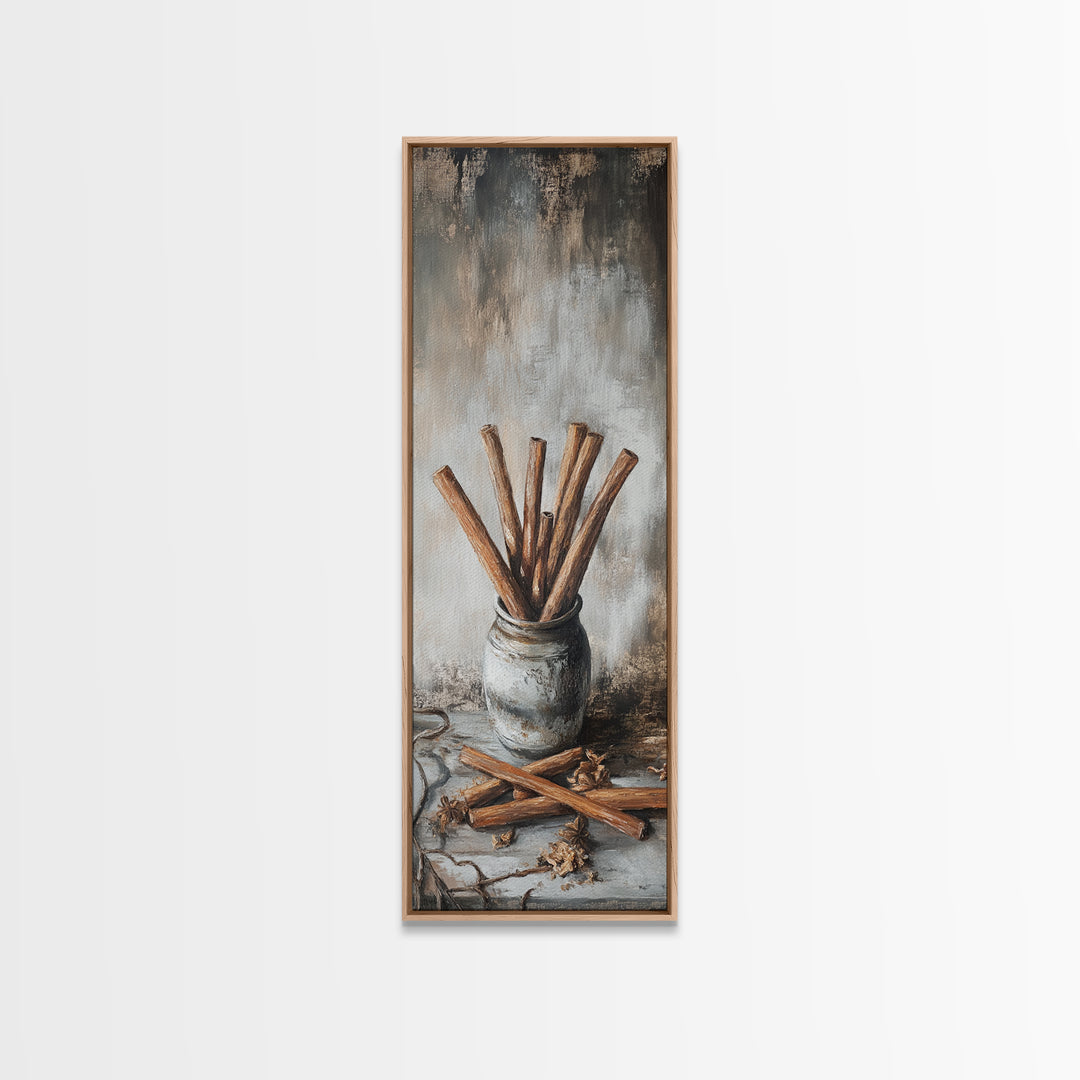 Cinnamon Sticks In Rustic Jar Wall Art, Farmhouse Kitchen Decor, Spice Still Life Canvas Print, Cozy Cafe Art Gift, Home Decor