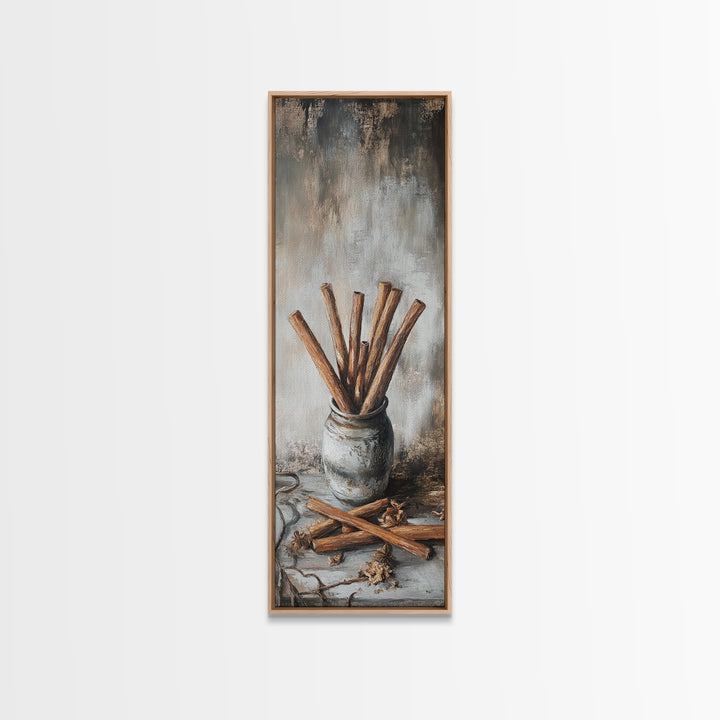 Cinnamon Sticks In Rustic Jar Wall Art, Farmhouse Kitchen Decor, Spice Still Life Canvas Print, Cozy Cafe Art Gift, Home Decor