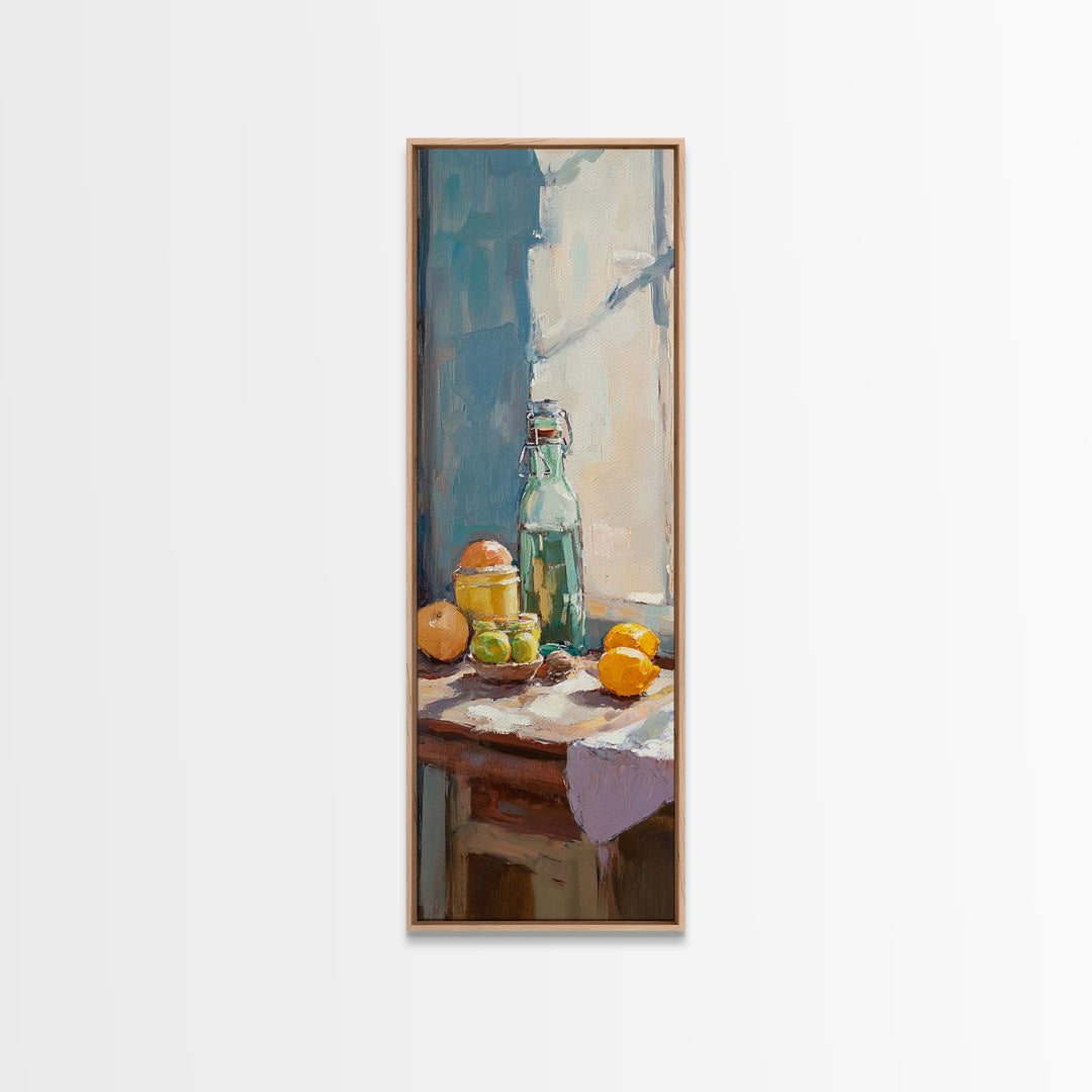 Sunlit Lemons And Glass Bottle Wall Art, Mediterranean Kitchen Decor, Citrus Still Life Canvas Print, Dining Room Art Print