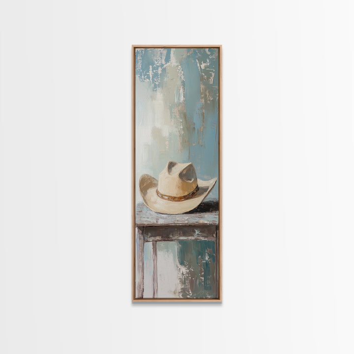 White Cowboy Hat On Table Canvas Print, Western Wall Art, Rustic Ranch Decor, Neutral Southwestern Farmhouse Home Decor, Gift For Him