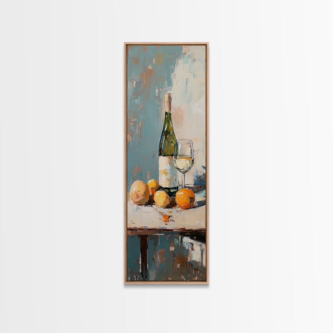 Wine Bottle Glass And Oranges Canvas Print, Kitchen Wall Art, Dining Room Decor, Still Life Painting, Housewarming Gift, Modern Home Decor