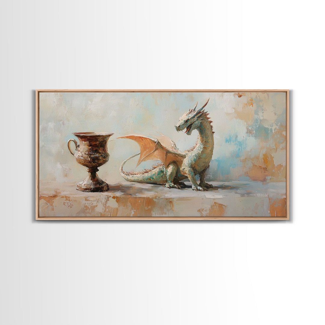 Small Dragon And Goblet Wall Art, Fantasy Canvas Print, Mythical Creature Decor, Kids Room Art, Unique Gift For Him, Nursery Wall Art