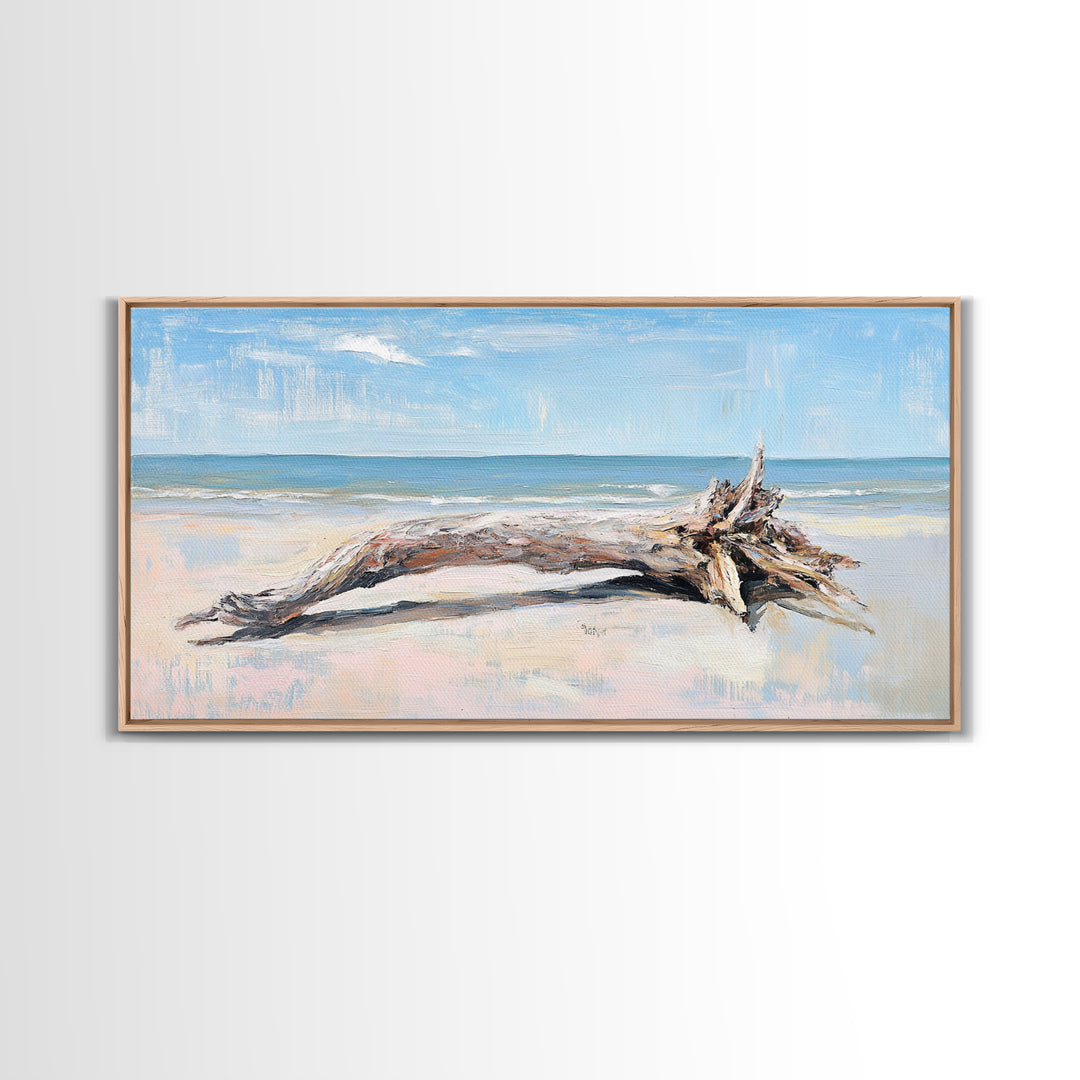 Weathered Driftwood On Beach Wall Art, Coastal Canvas Print, Ocean Landscape Art, Beach House Decor, Seaside Wall Decor Print