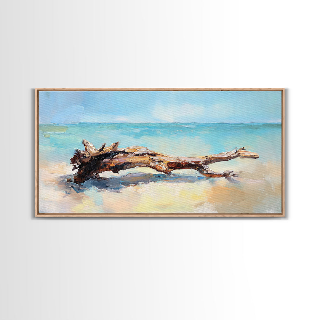 Sunlit Driftwood On Turquoise Shore Wall Art, Coastal Canvas Print, Beach House Decor, Ocean Art, Nautical Home Decor, Living Room Decor