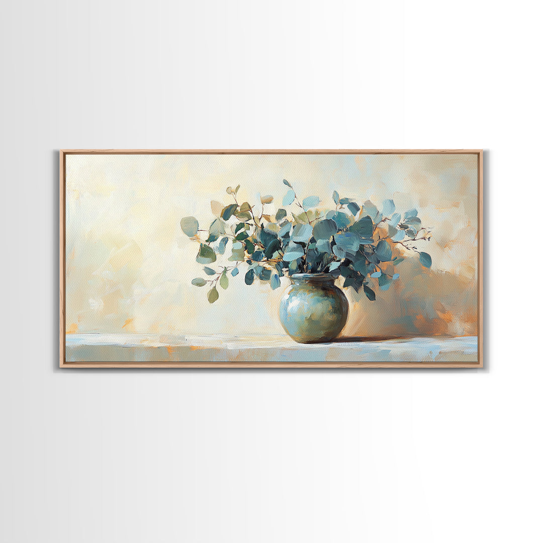 Blue Eucalyptus Vase Still Life Wall Art, Botanical Canvas Wall Decor, Neutral Living Room Decor, Rustic Farmhouse Art Print