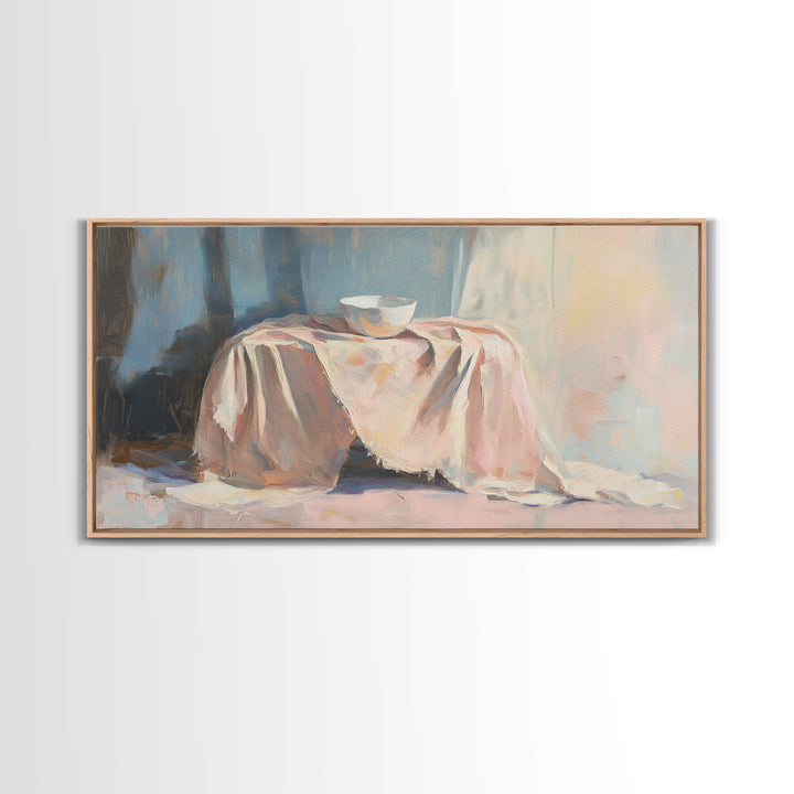 Soft Draped Table And Bowl Still Life Canvas Print, Minimalist Kitchen Wall Art, Neutral Home Decor, Fine Art Print, Dining Room Decor
