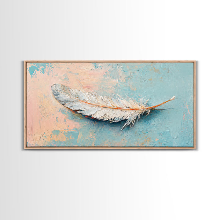 White Feather On Soft Blue Peach Texture Framed Canvas Print, Coastal Wall Art, Neutral Home Decor, Boho Bedroom Decor, Gift For Her