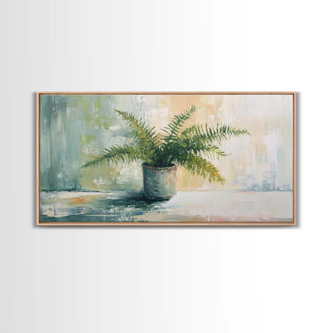 Potted Fern Plant In Textured Green Light Canvas Print, Botanical Wall Art, Nature Wall Decor, Japandi Home Decor, Office Decor