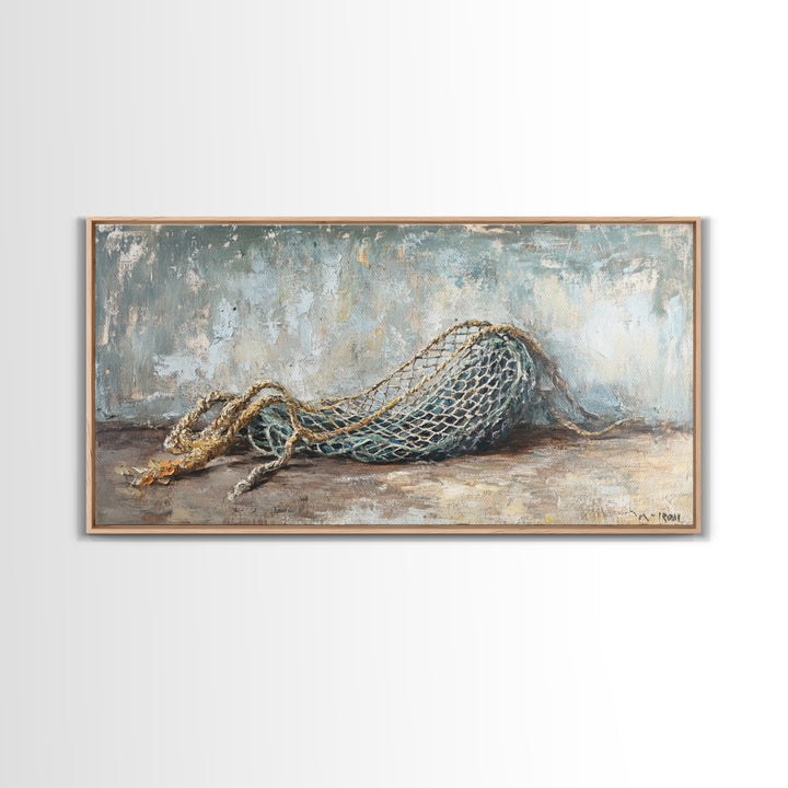 Weathered Fishing Net Framed Canvas Print, Nautical Wall Art, Coastal Home Decor, Rustic Seascape, Beach House Gift For Him