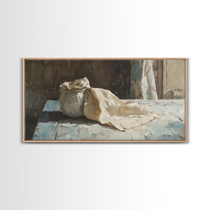 Rustic Flour Sack Still Life Wall Art, French Bakery Canvas Print, Country Kitchen Decor, Farmhouse Wall Decor Gift Idea