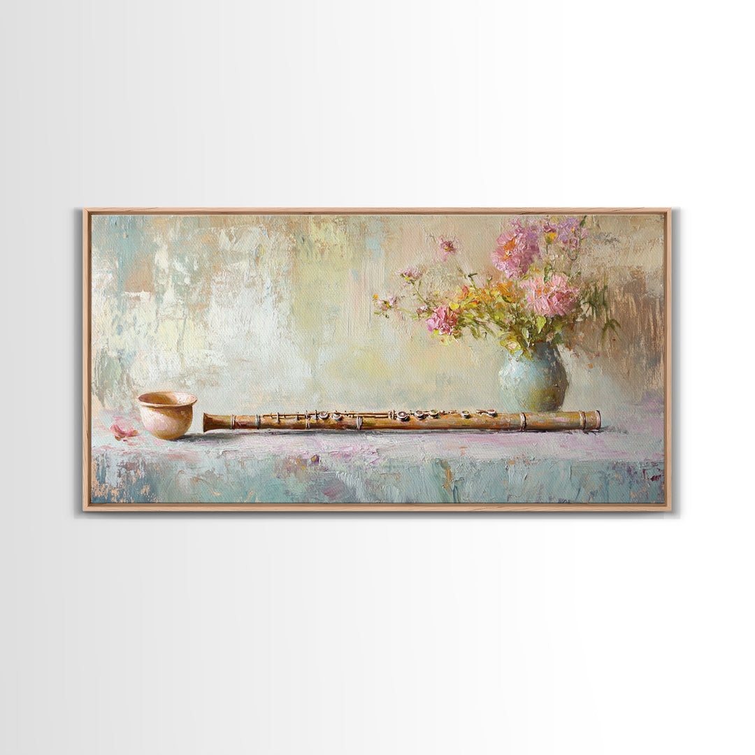 Rustic Flute Still Life With Pink Flowers, Framed Canvas Print, Music Room Wall Art, Farmhouse Decor, Gift For Music Lover