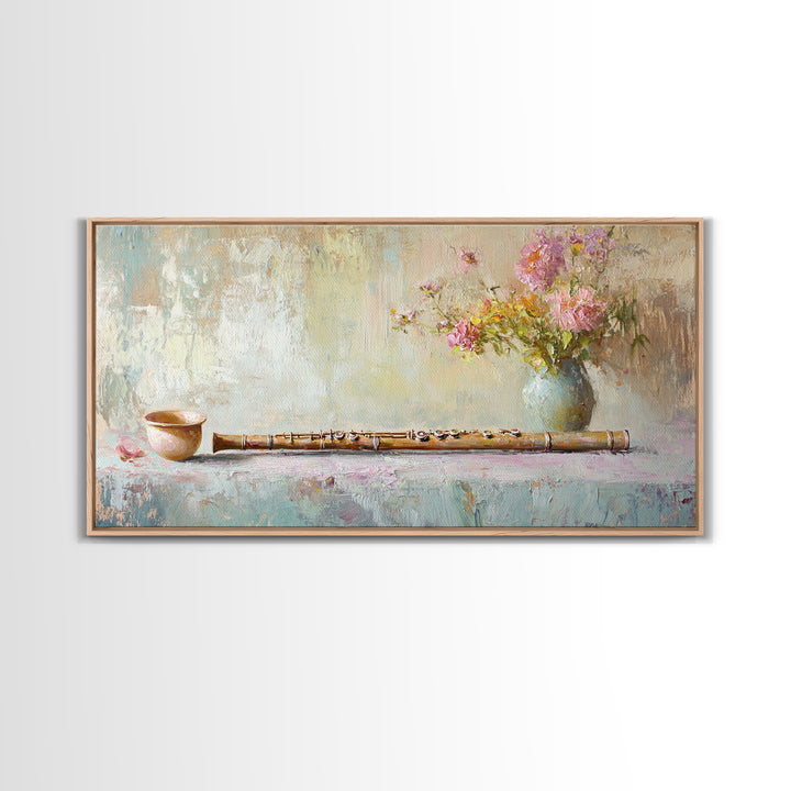 Rustic Flute Still Life With Pink Flowers, Framed Canvas Print, Music Room Wall Art, Farmhouse Decor, Gift For Music Lover