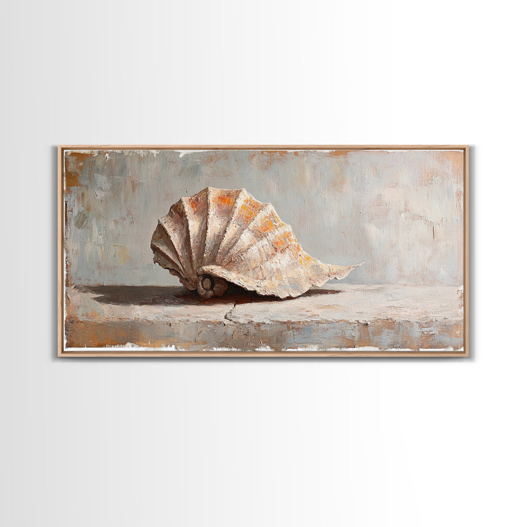 Textured Seashell Still Life In Neutral Tones, Framed Canvas Print, Coastal Wall Art, Beach House Decor, Nautical Wall Art