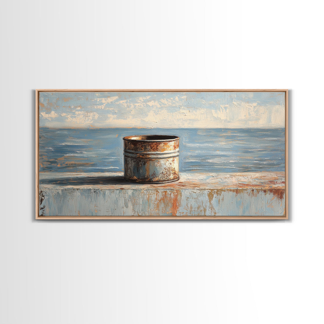 Rusty Tin Can By Blue Sea Wall Art, Coastal Industrial Still Life Canvas Print, Rustic Beach House Decor For Living Room