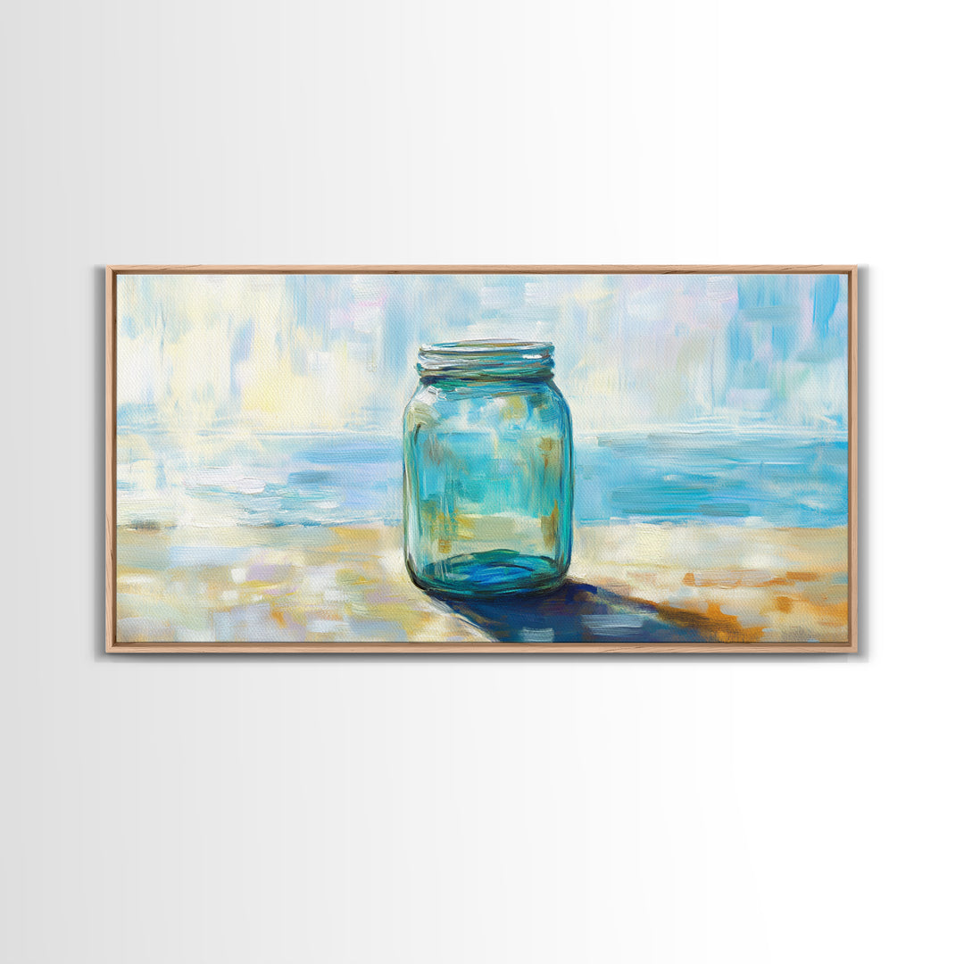 Blue Glass Mason Jar Wall Art, Coastal Still Life Canvas Print, Minimalist Beach House Decor For Kitchen Or Bathroom Art