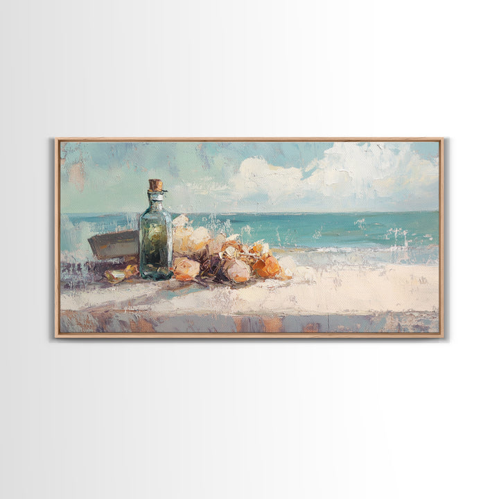 Sea Glass Bottle And Seashells Wall Art, Coastal Beach Framed Canvas Print, Nautical Decor For Bathroom Or Entryway Wall Decor