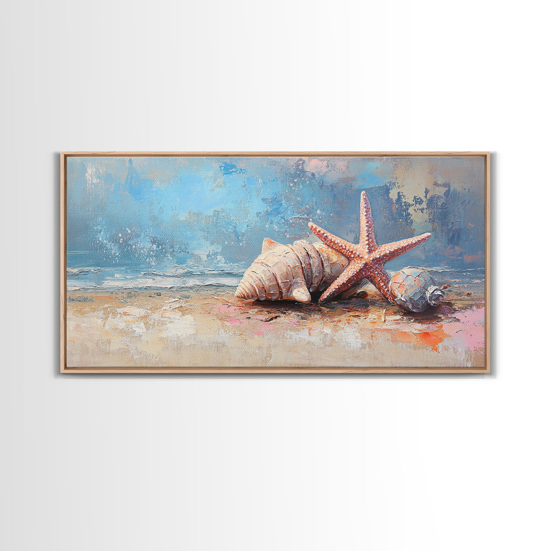 Starfish And Seashells On Sandy Shore Wall Art, Coastal Ocean Canvas Print, Beach House Decor For Bathroom Or Bedroom Wall Decor