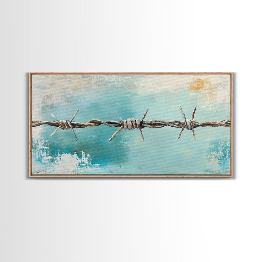 Rusty Barbed Wire Against Turquoise Sky Wall Art, Western Industrial Canvas Print, Modern Rustic Farmhouse Decor For Entryway