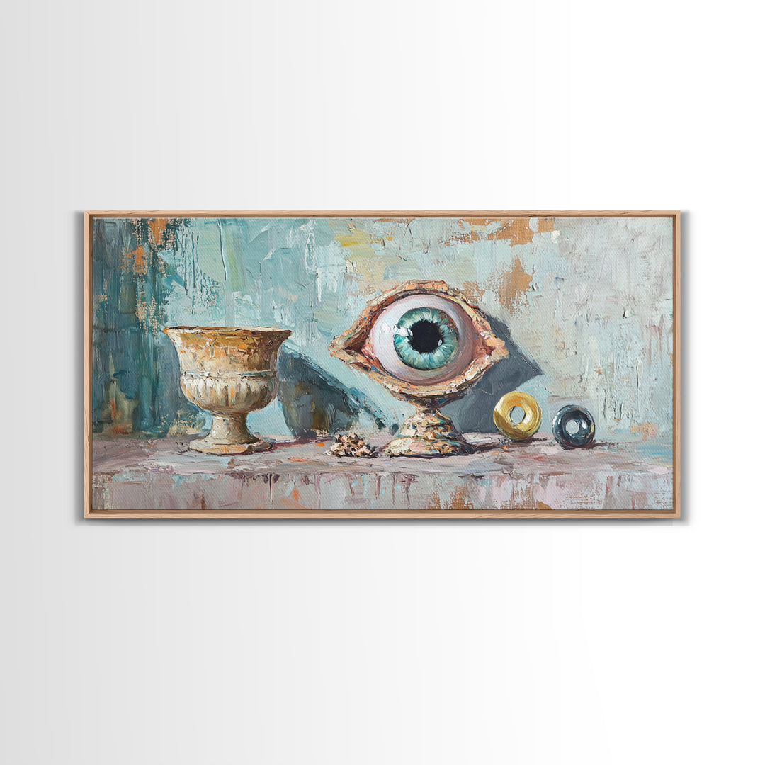 Surreal Blue Eye Relic And Antique Urn Wall Art, Mystical Eclectic Framed Canvas Print, Dark Academia Office Decor For Library