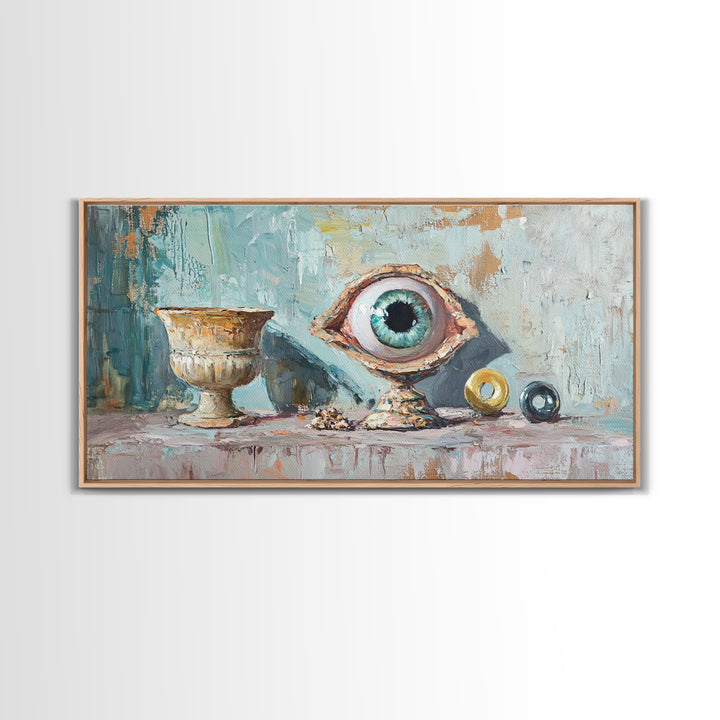 Surreal Blue Eye Relic And Antique Urn Wall Art, Mystical Eclectic Framed Canvas Print, Dark Academia Office Decor For Library