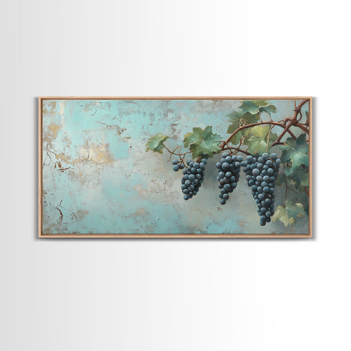 Blue Grapes On Vine Wall Art, Rustic Kitchen Decor, Vineyard Painting, Wine Country Print, Farmhouse Dining Room Canvas Art