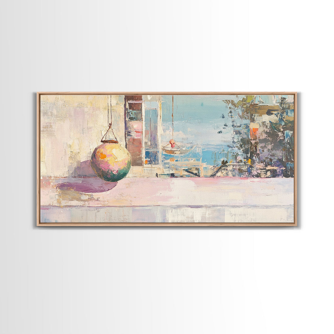 Pastel Seaside Window Canvas Print, Coastal Wall Art, Mediterranean Beach House Decor, Soft Ocean View Living Room Print