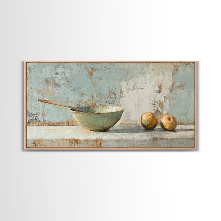 Rustic Bowl And Pears Canvas Print, Kitchen Wall Art, Farmhouse Still Life Painting, Country Dining Room Wall Decor Print