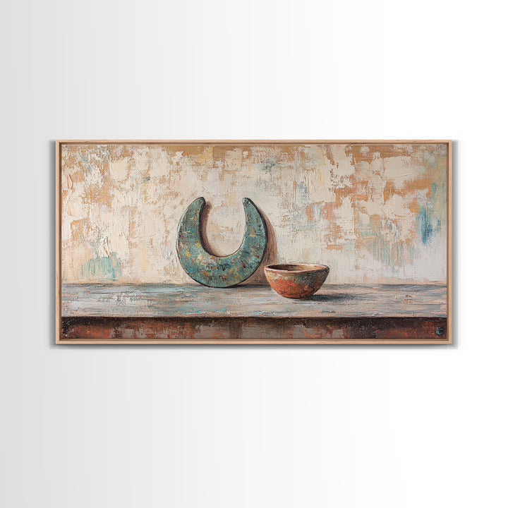Turquoise Crescent Moon And Rustic Bowl Wall Art, Wabi Sabi Decor, Southwestern Still Life, Neutral Framed Canvas Print, Home Decor
