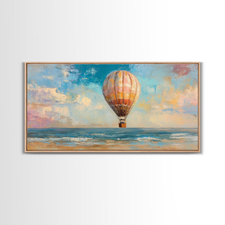 Hot Air Balloon Drifting Over Ocean Canvas Print, Coastal Wall Art, Travel Poster Style, Colorful Beach House Living Room Decor