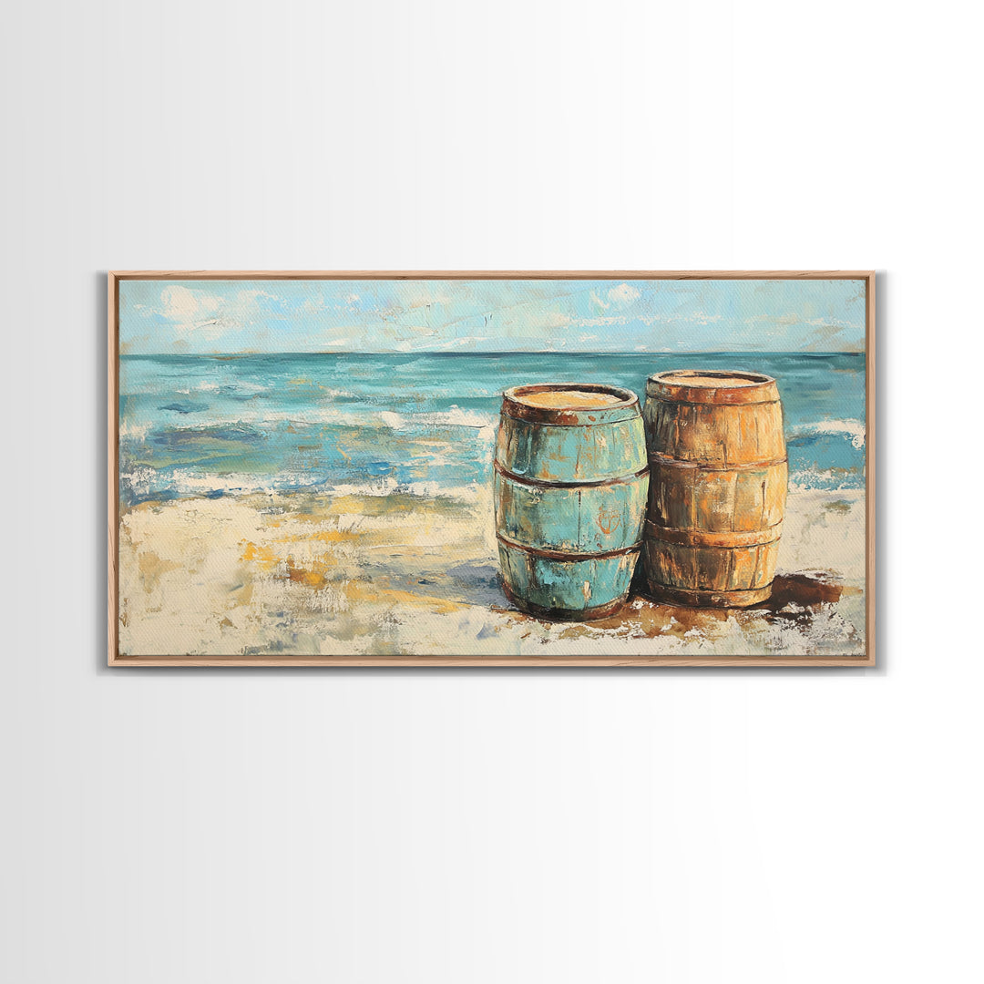 Weathered Barrels On Sandy Beach Wall Art, Coastal Canvas Print, Nautical Beach House Decor, Seascape Ocean Living Room Art