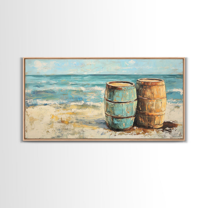 Weathered Barrels On Sandy Beach Wall Art, Coastal Canvas Print, Nautical Beach House Decor, Seascape Ocean Living Room Art