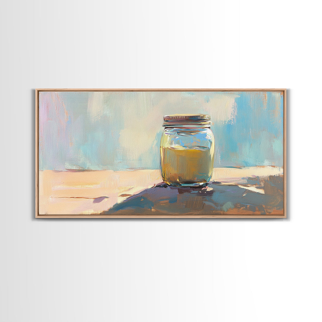 Sunlit Mason Jar Still Life Wall Art, Soft Blue Canvas Print For Kitchen Decor, Rustic Home Decor And Housewarming Gift Idea