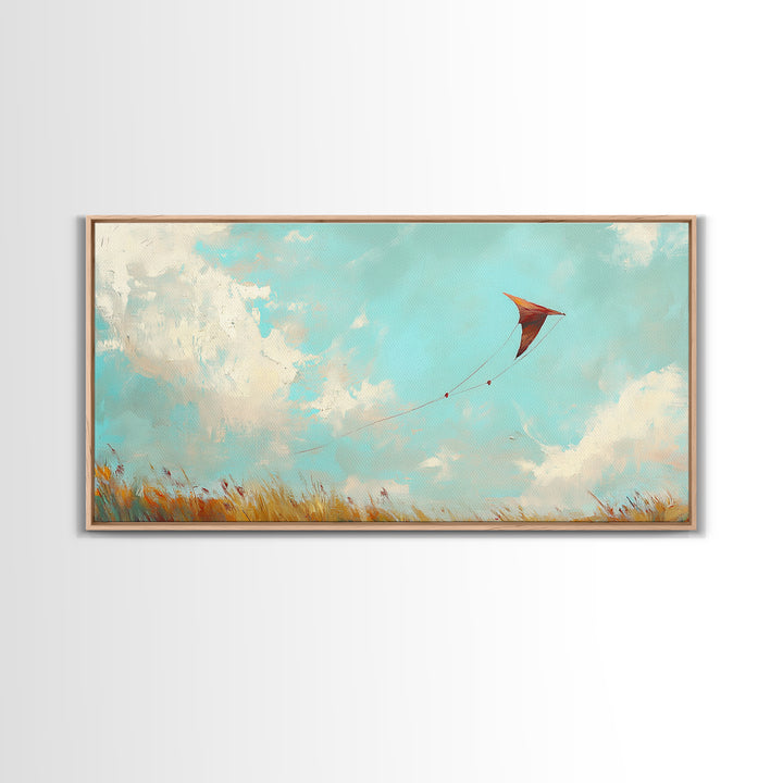 Red Kite In Blue Summer Sky Wall Art, Whimsical Canvas Print For Kids Room Decor, Nursery Decor And Coastal Home Decor Gift