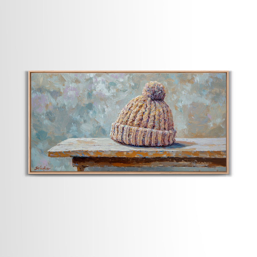 Cozy Knit Beanie Still Life Wall Art, Winter Cabin Decor, Rustic Canvas Print, Neutral Bedroom Art, Gift For Her, Housewarming Gift
